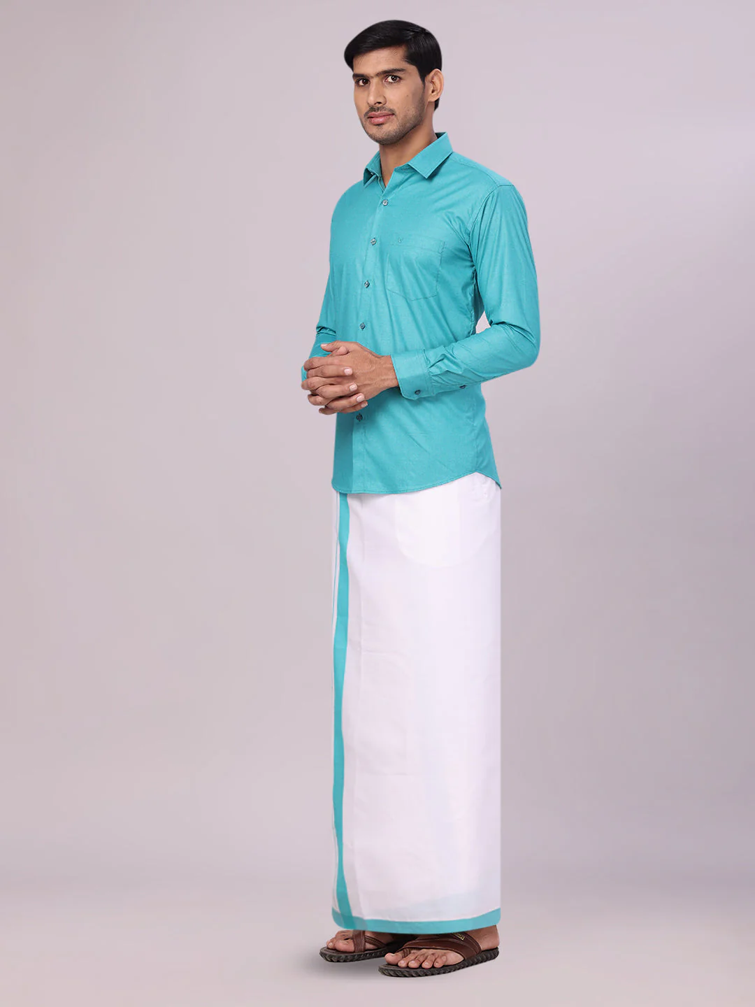 Men's Light Blue Shirt with Matching Border Flexi Dhoti Combo Casper Flexi - Image 3