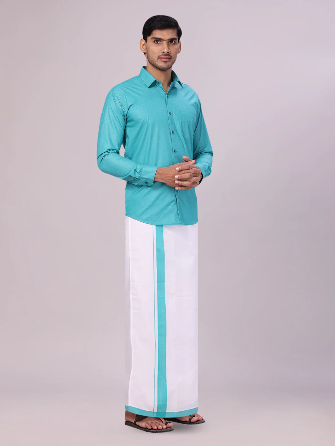 Men's Light Blue Shirt with Matching Border Flexi Dhoti Combo Casper Flexi - Image 4