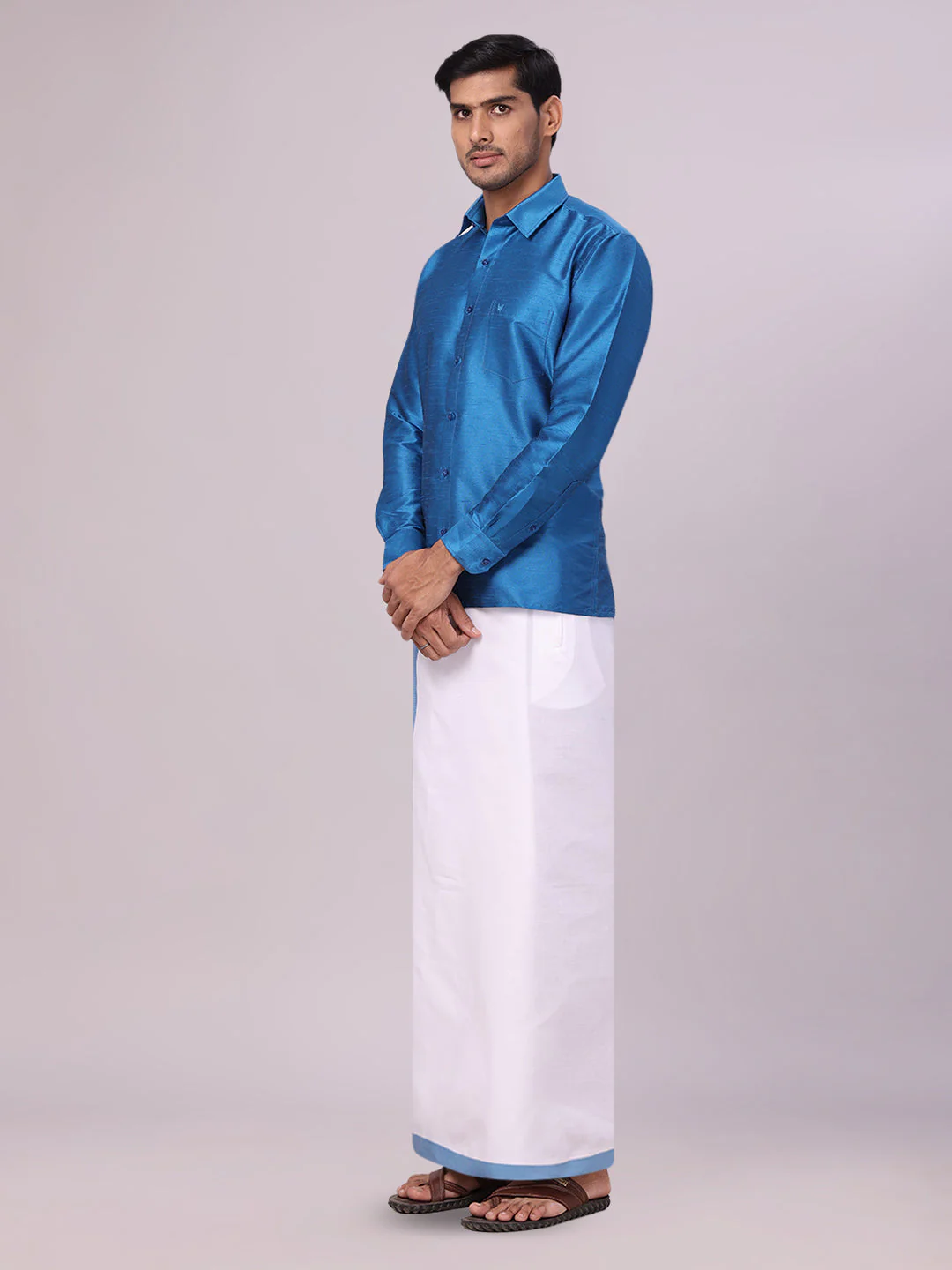 Men's Ramar Blue Dupion Satin Color Shirt with Matching Border Flexi Dhoti Combo Gora Flexi - Image 3