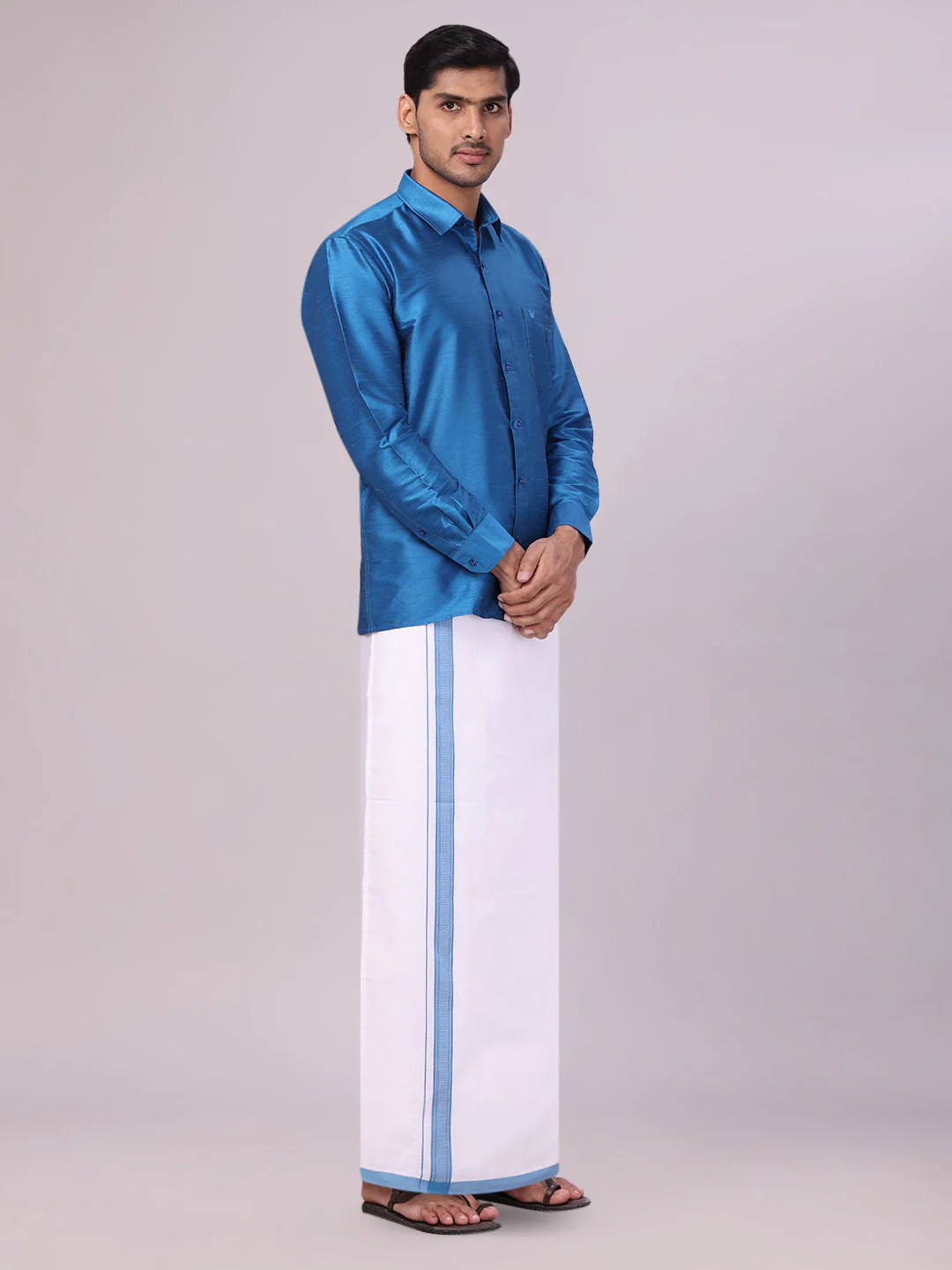 Men's Ramar Blue Dupion Satin Color Shirt with Matching Border Flexi Dhoti Combo Gora Flexi - Image 4