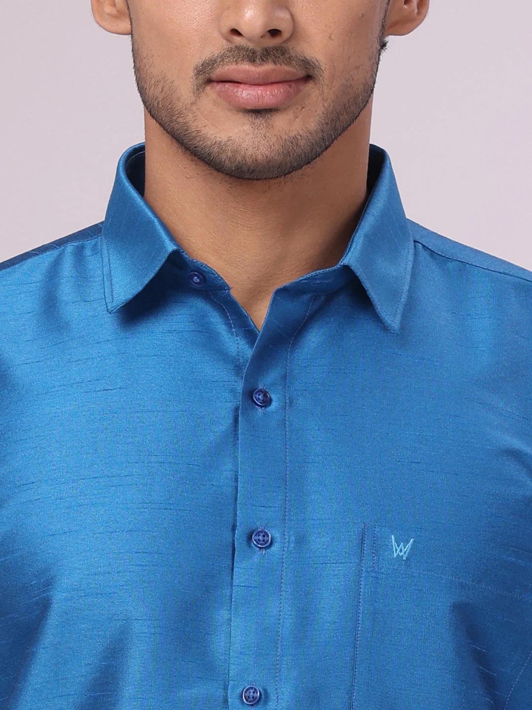 Men's Ramar Blue Dupion Satin Color Shirt with Matching Border Flexi Dhoti Combo Gora Flexi - Image 6