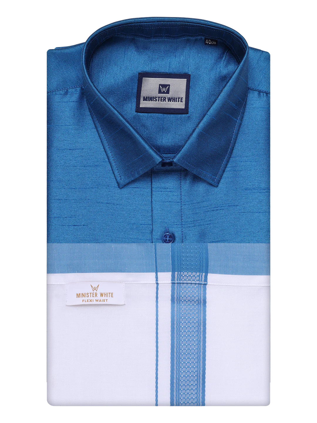 Men's Ramar Blue Dupion Satin Color Shirt with Matching Border Flexi Dhoti Combo Gora Flexi - Image 7