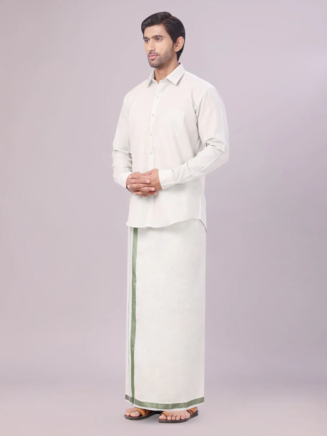 Men's Tissue Olive Green Color Flexi Dhoti Shirt Wedding Combo Maverick Flexi - Image 3