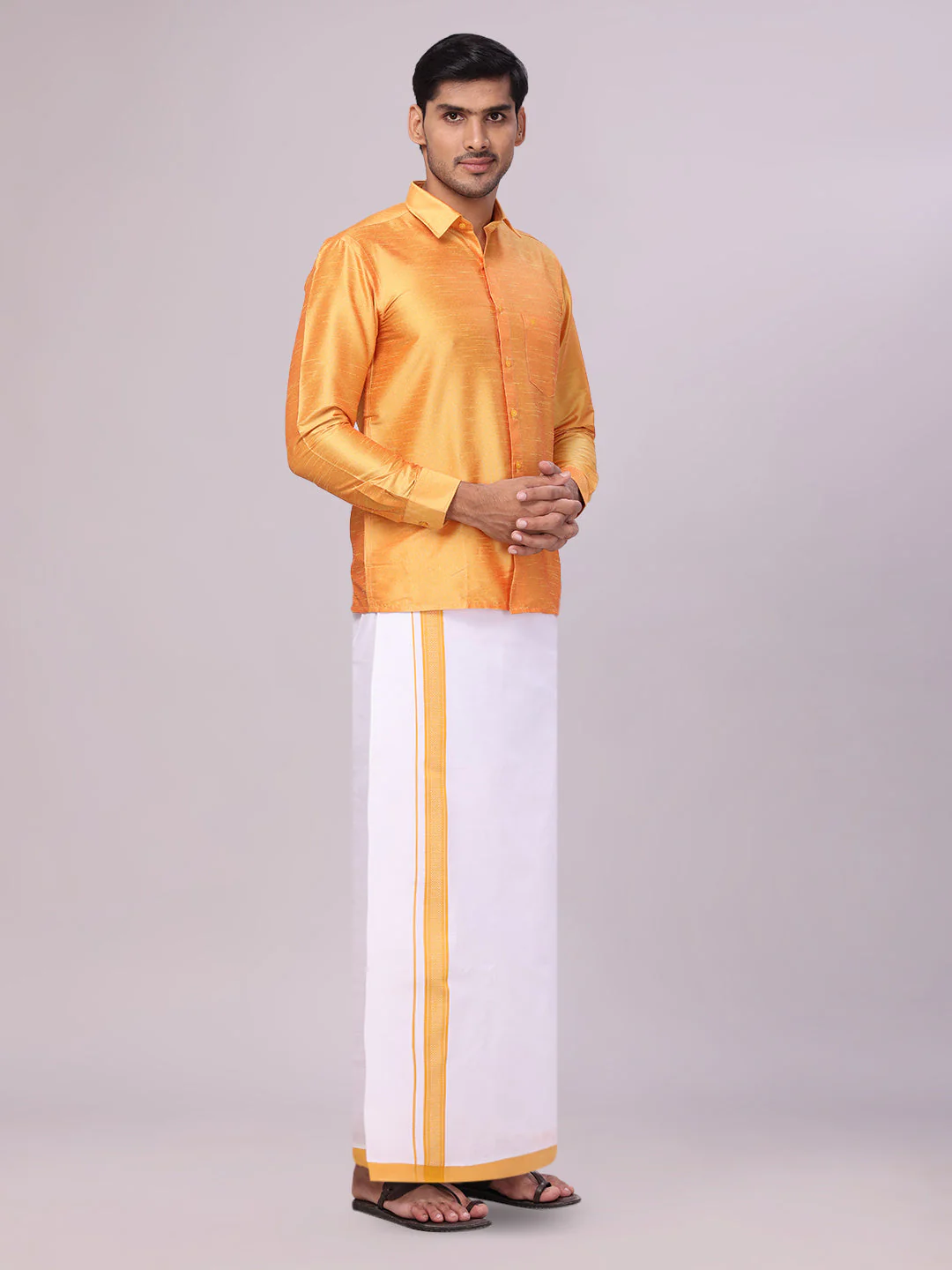Men's Yellow Dupion Satin Color Shirt with Matching Border Flexi Dhoti Combo Gora Flexi - Image 3