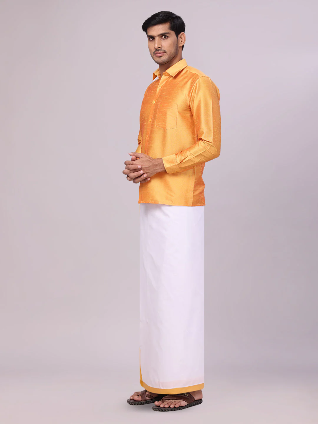 Men's Yellow Dupion Satin Color Shirt with Matching Border Flexi Dhoti Combo Gora Flexi - Image 4