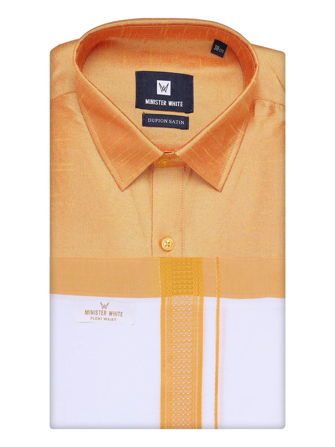 Men's Yellow Dupion Satin Color Shirt with Matching Border Flexi Dhoti Combo Gora Flexi - Image 7