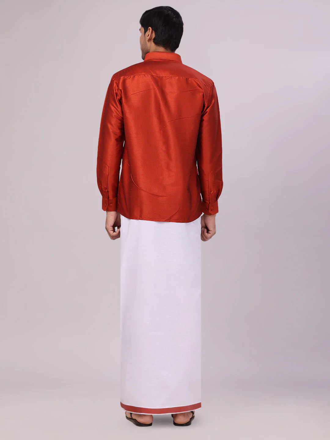 Mens Brick Red Dupion Satin Color Shirt with Matching Border Flexi Dhoti Combo Gora Flexi - Image 5