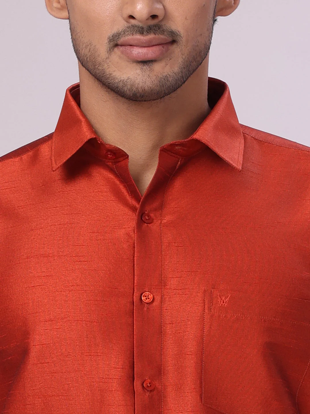 Mens Brick Red Dupion Satin Color Shirt with Matching Border Flexi Dhoti Combo Gora Flexi - Image 6