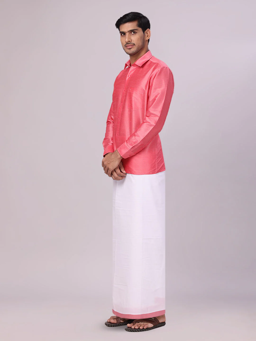 Mens Coral Pink Dupion Satin Shirt with Matching Border Dhoti Combo Gora - Image 2