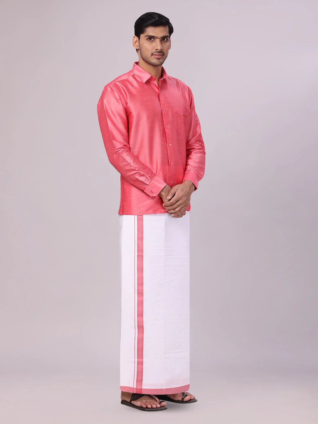 Mens Coral Pink Dupion Satin Shirt with Matching Border Dhoti Combo Gora - Image 3
