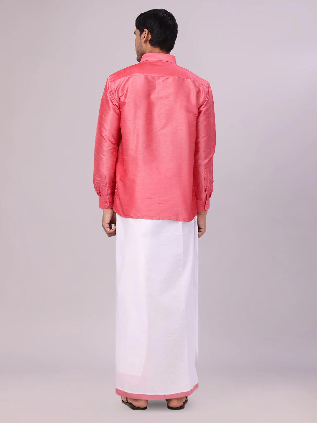 Mens Coral Pink Dupion Satin Shirt with Matching Border Dhoti Combo Gora - Image 4