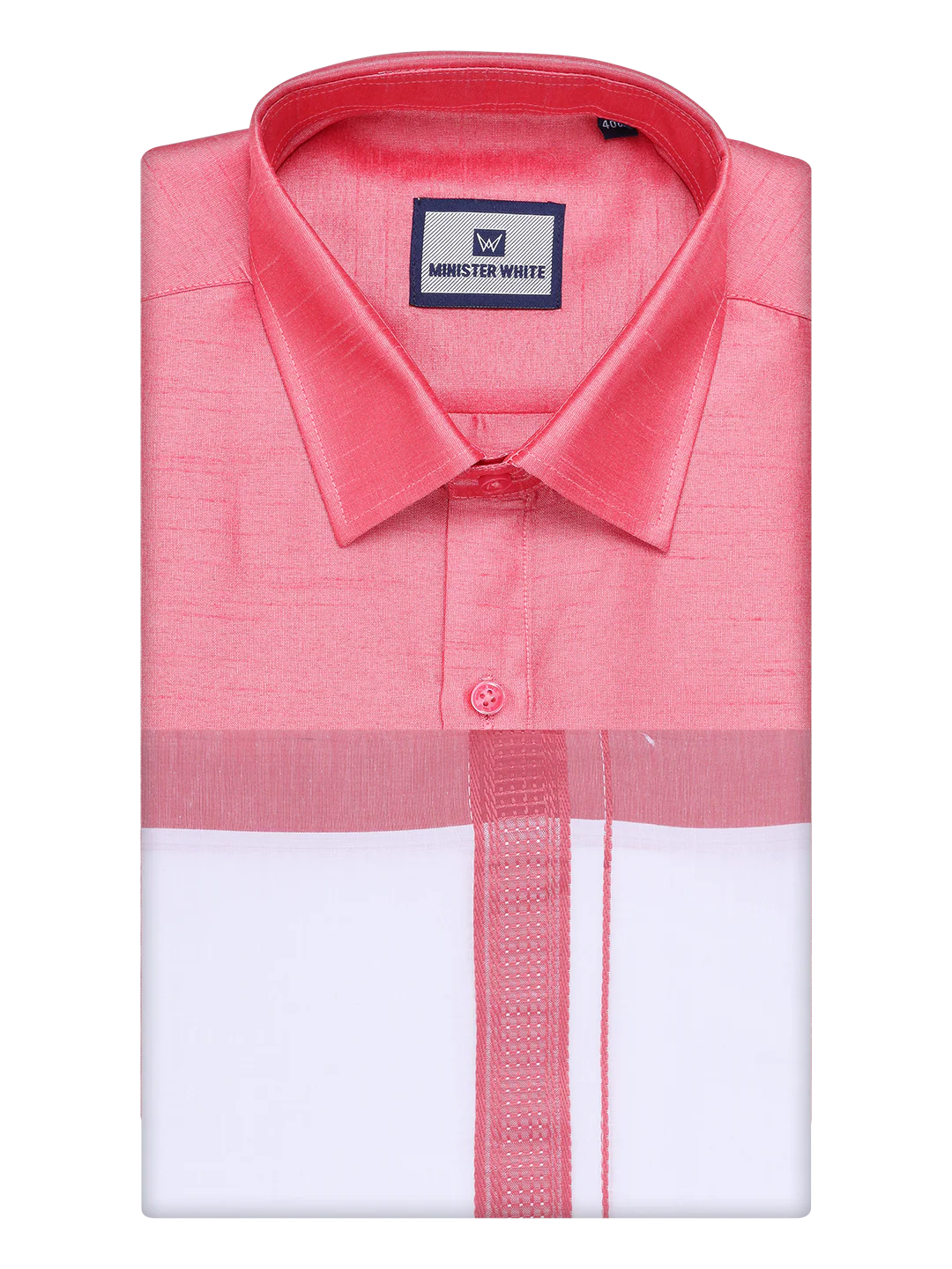 Mens Coral Pink Dupion Satin Shirt with Matching Border Dhoti Combo Gora - Image 5