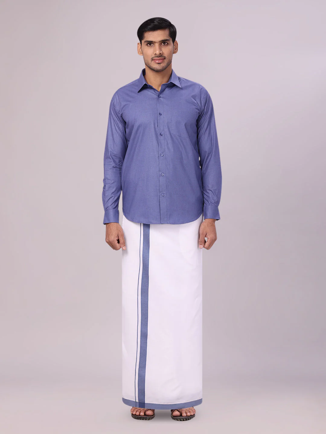 Mens Cotton Blue Color Shirt with Matching Border Flexi Dhoti Combo Casper Flexi