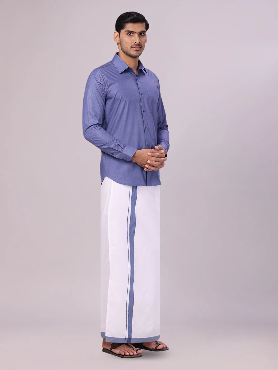 Mens Cotton Blue Color Shirt with Matching Border Flexi Dhoti Combo Casper Flexi - Image 3