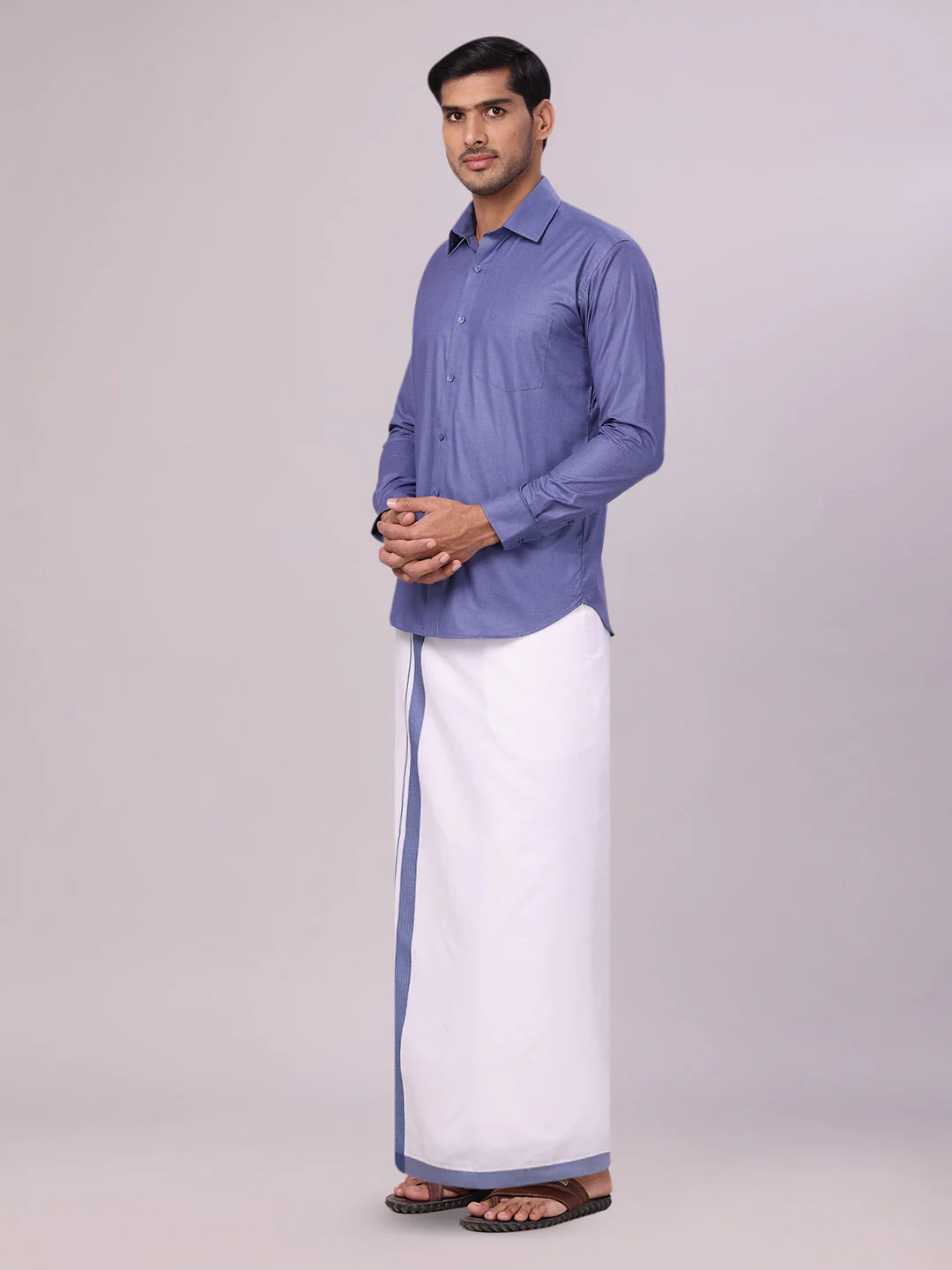 Mens Cotton Blue Color Shirt with Matching Border Flexi Dhoti Combo Casper Flexi - Image 4