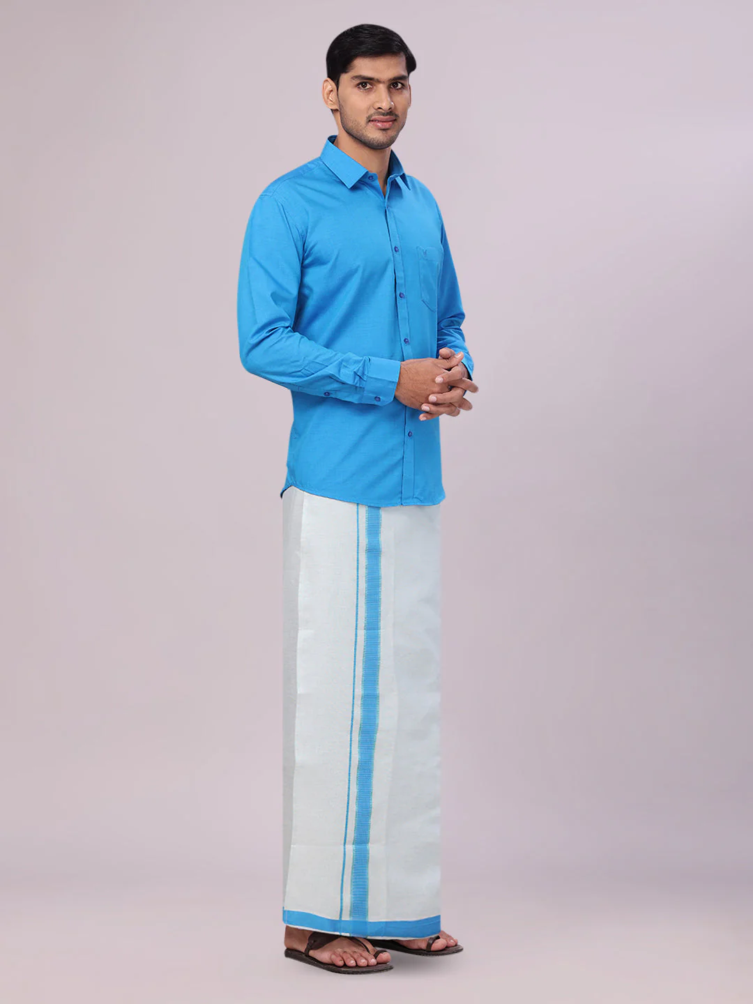 Mens Cotton Blue Shirt with Tissue Matching Border Dhoti Wedding Combo Kandala - Image 3