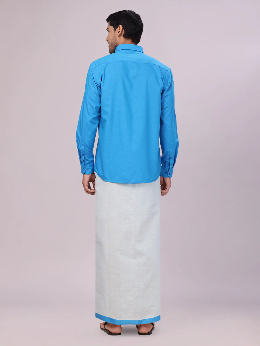 Mens Cotton Blue Shirt with Tissue Matching Border Dhoti Wedding Combo Kandala - Image 4