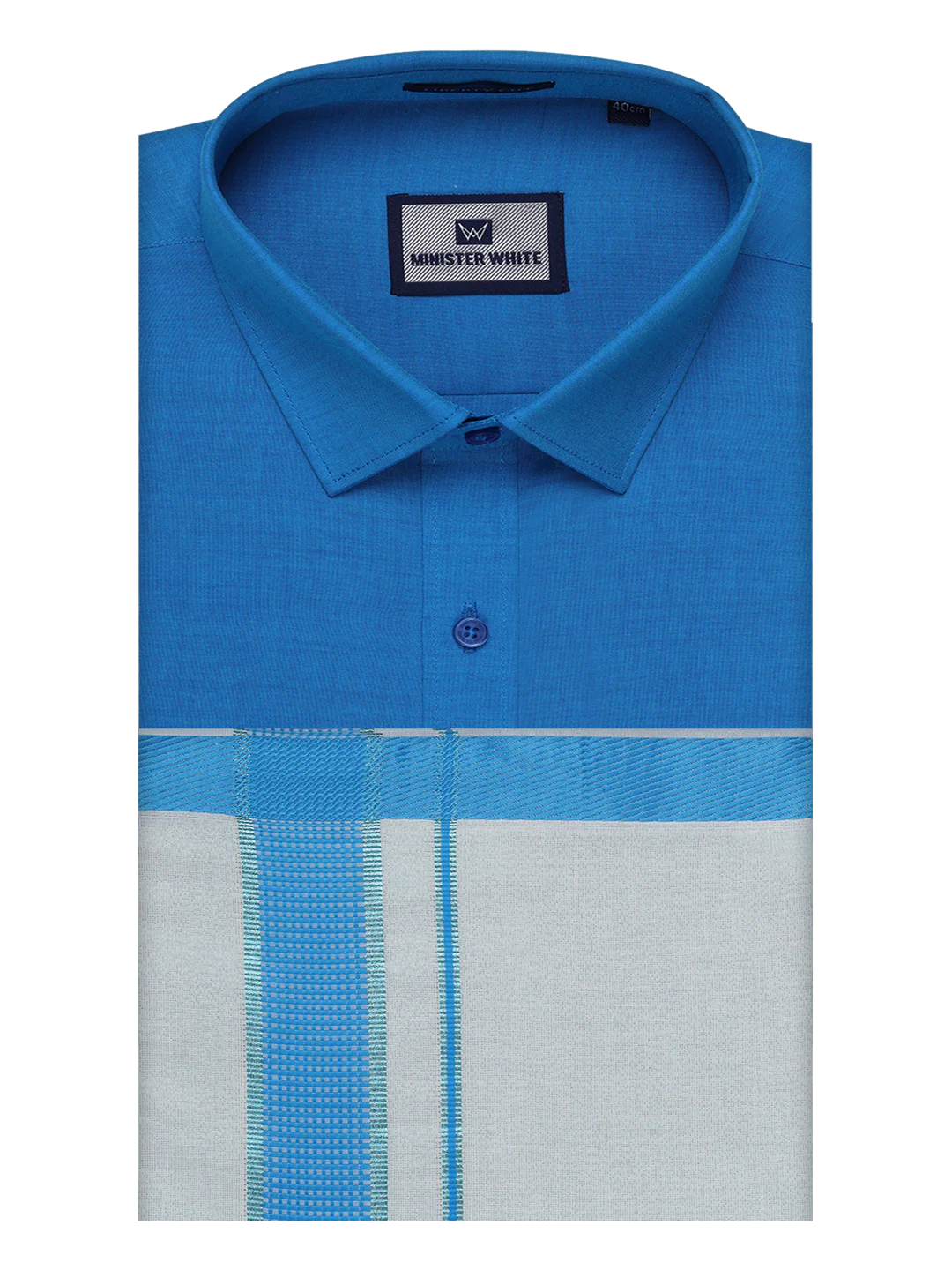 Mens Cotton Blue Shirt with Tissue Matching Border Dhoti Wedding Combo Kandala - Image 5