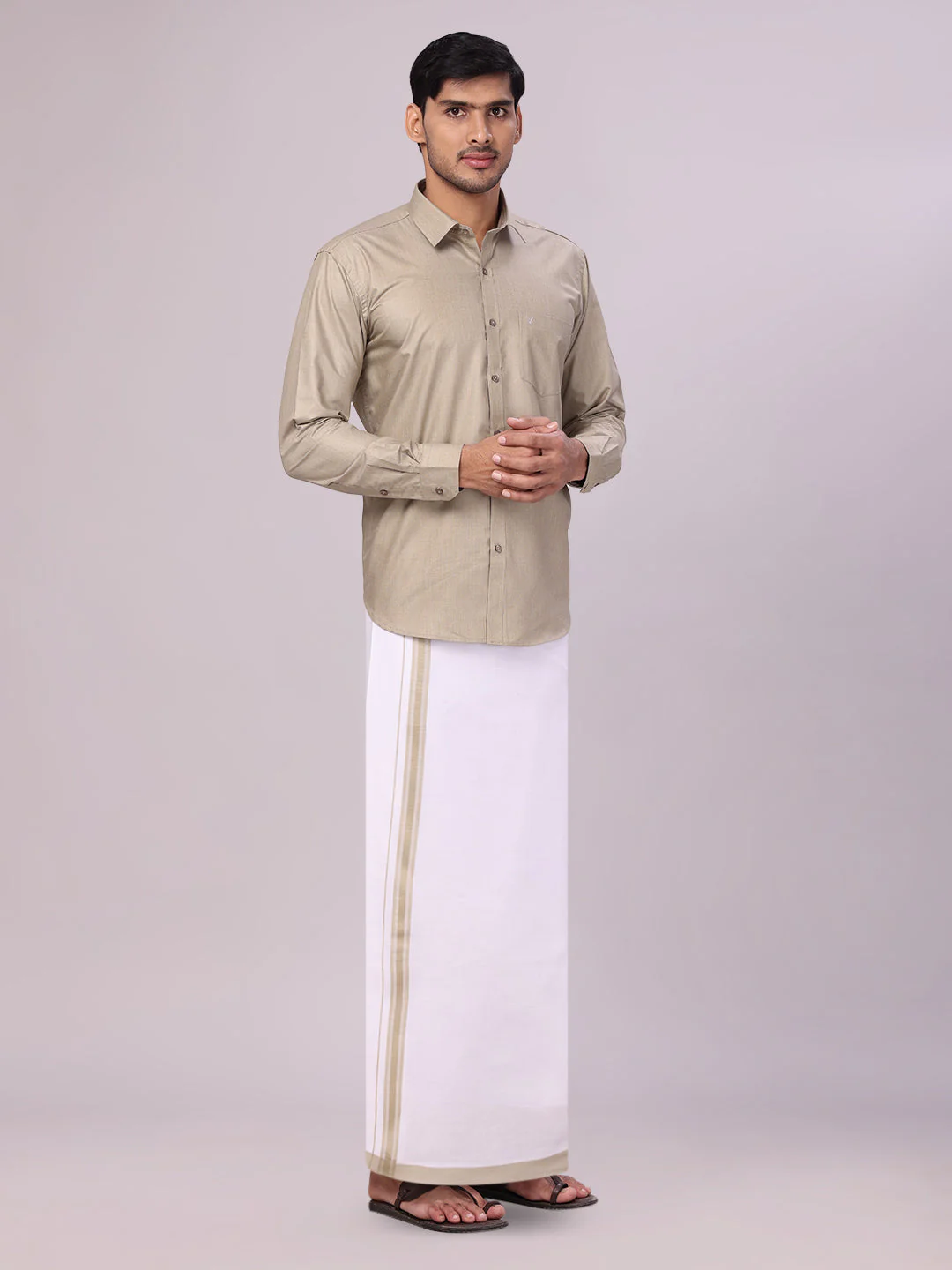 Mens Cotton Light Olive Matching Shirt and Dhoti Combo Luster - Image 3