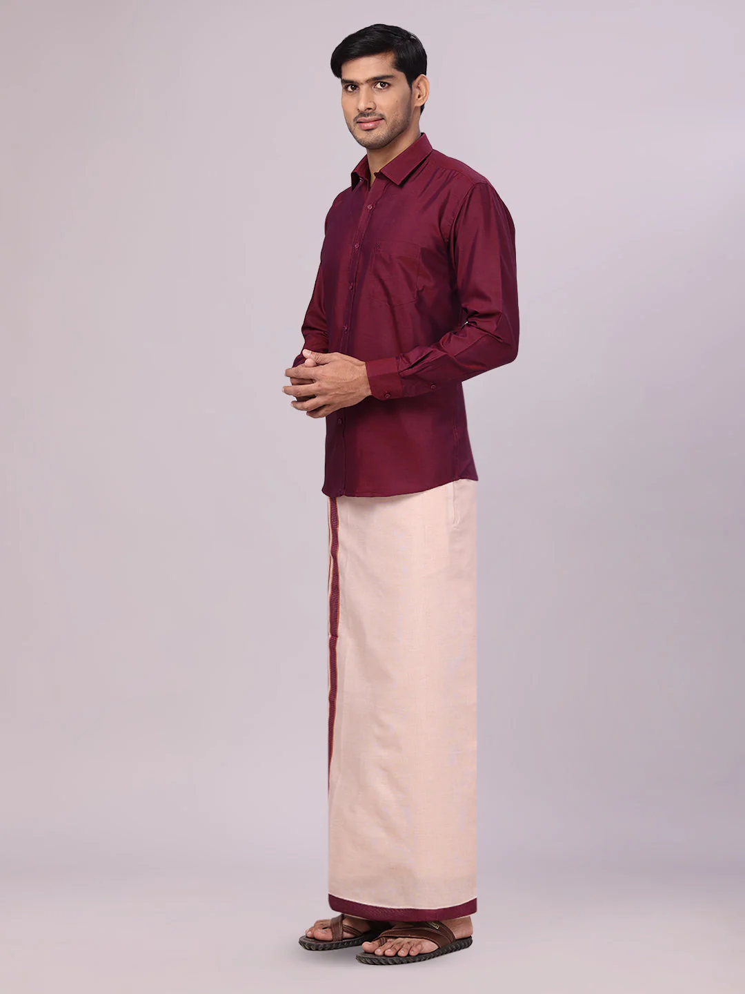 Mens Cotton Maroon Shirt with Tissue Matching Border Dhoti Wedding Combo Kandala - Image 3