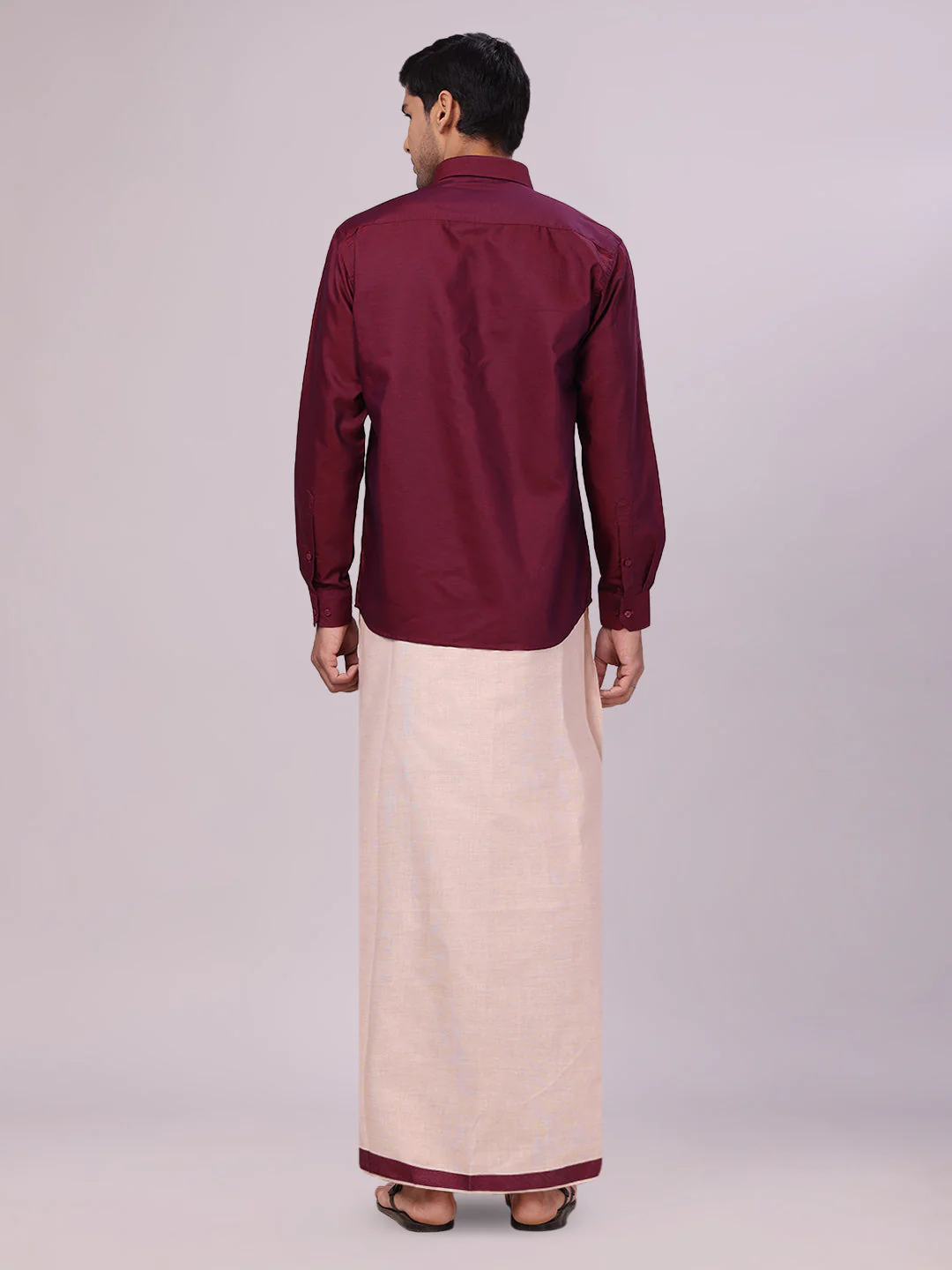 Mens Cotton Maroon Shirt with Tissue Matching Border Dhoti Wedding Combo Kandala - Image 4