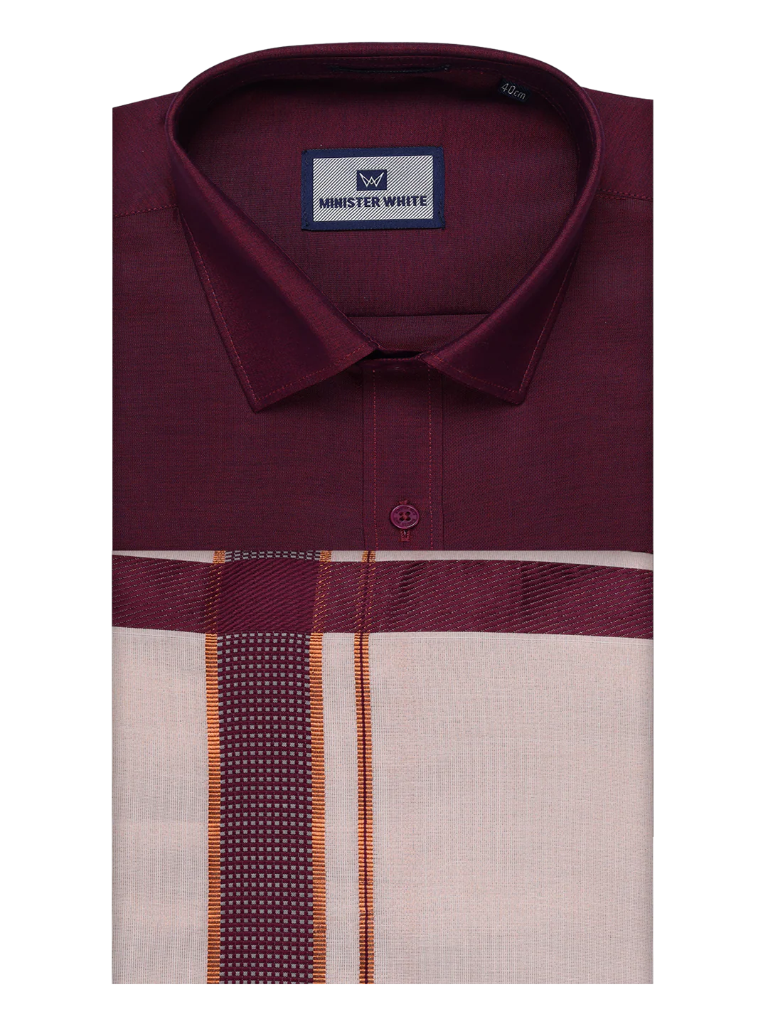 Mens Cotton Maroon Shirt with Tissue Matching Border Dhoti Wedding Combo Kandala - Image 6