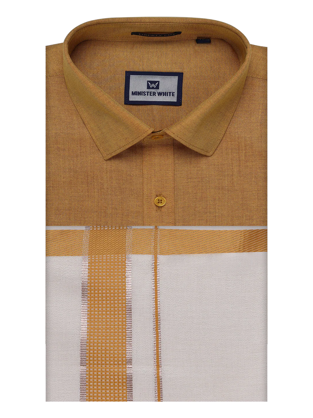 Mens Cotton Mustard Shirt with Tissue Matching Border Dhoti Wedding Combo Kandala - Image 6