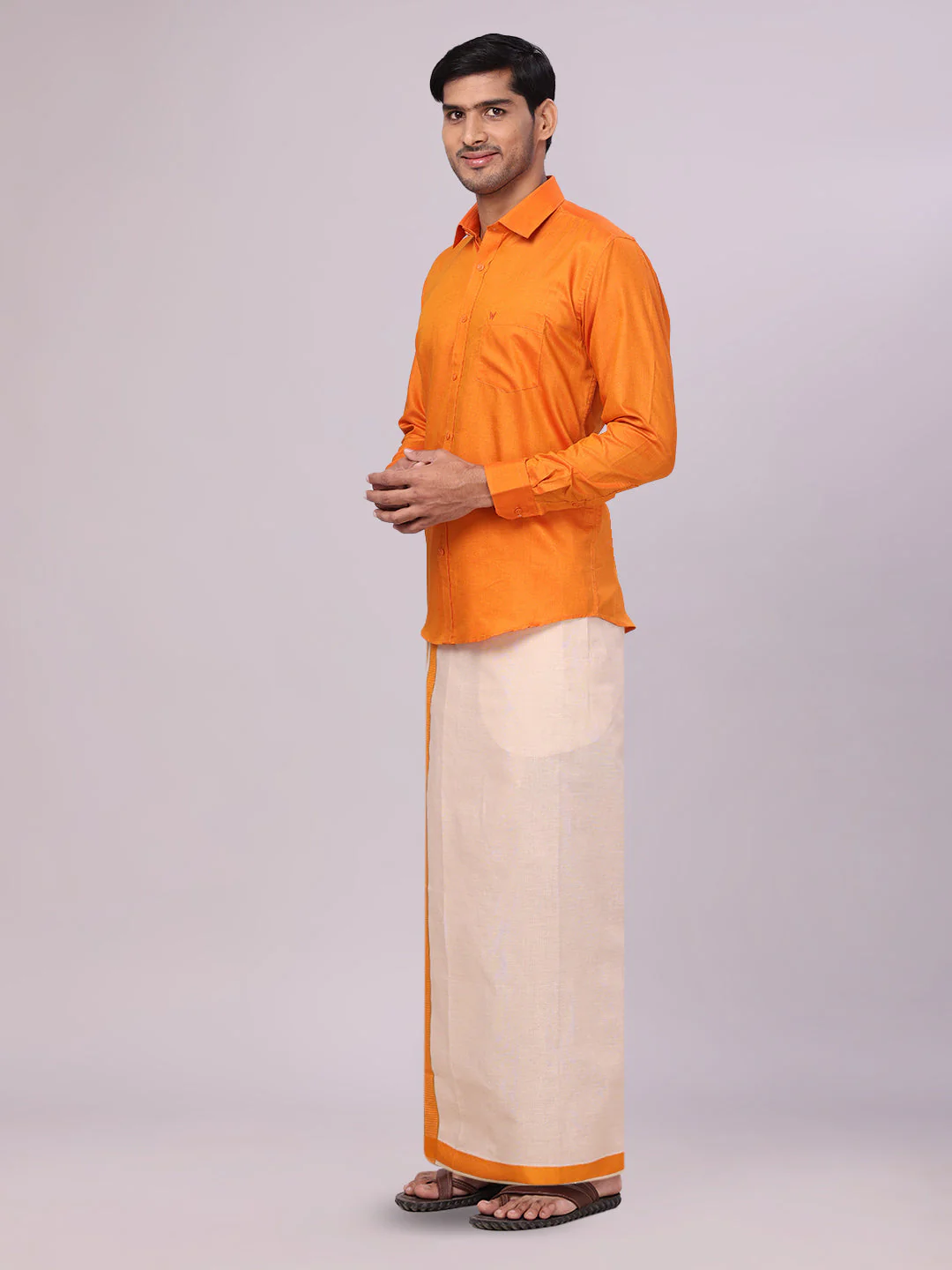 Mens Cotton Orange Shirt with Tissue Matching Border Dhoti Wedding Combo Kandala - Image 3