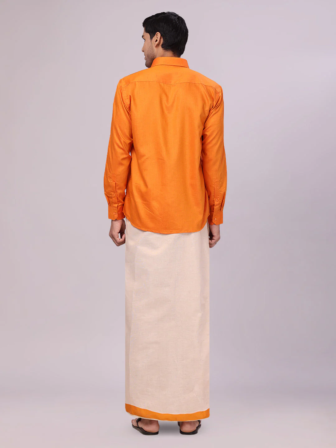 Mens Cotton Orange Shirt with Tissue Matching Border Dhoti Wedding Combo Kandala - Image 4