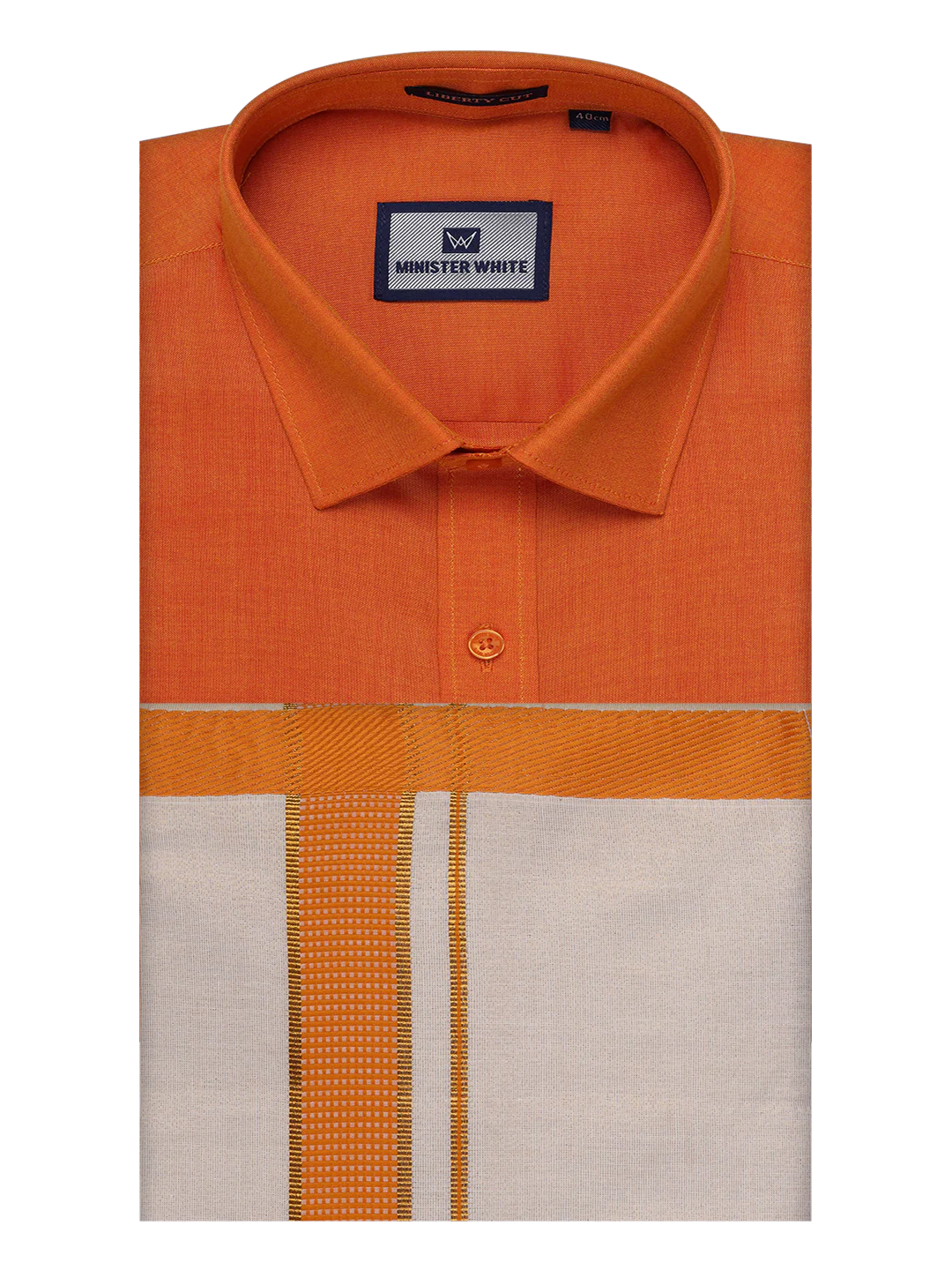 Mens Cotton Orange Shirt with Tissue Matching Border Dhoti Wedding Combo Kandala - Image 6