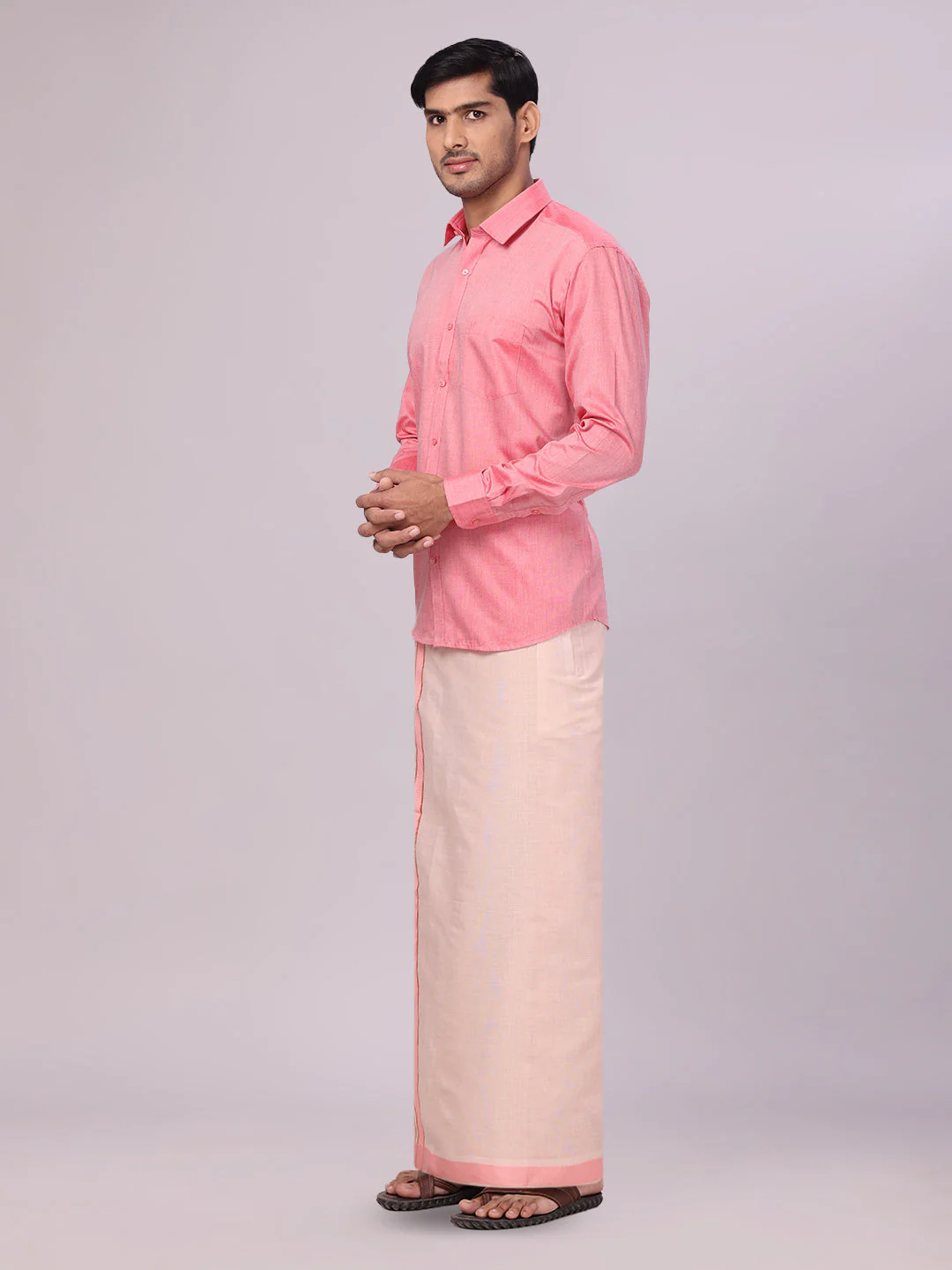 Mens Cotton Pink Shirt with Tissue Matching Border Dhoti Wedding Combo Kandala - Image 3
