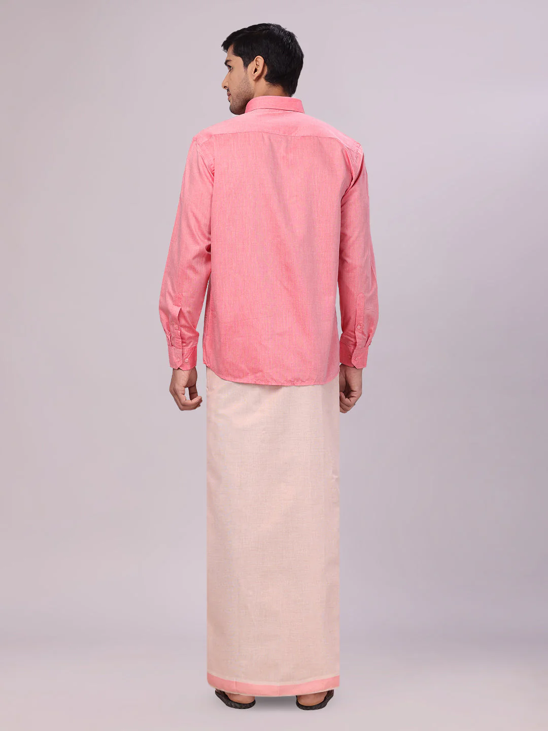 Mens Cotton Pink Shirt with Tissue Matching Border Dhoti Wedding Combo Kandala - Image 4