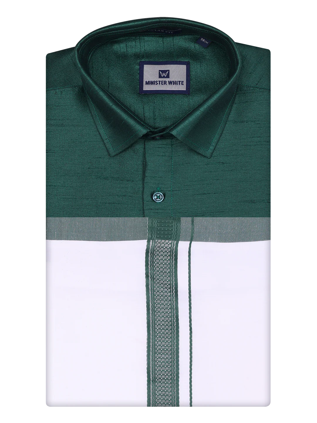 Mens Dark Green Dupion Satin Shirt with Matching Border Dhoti Combo Gora