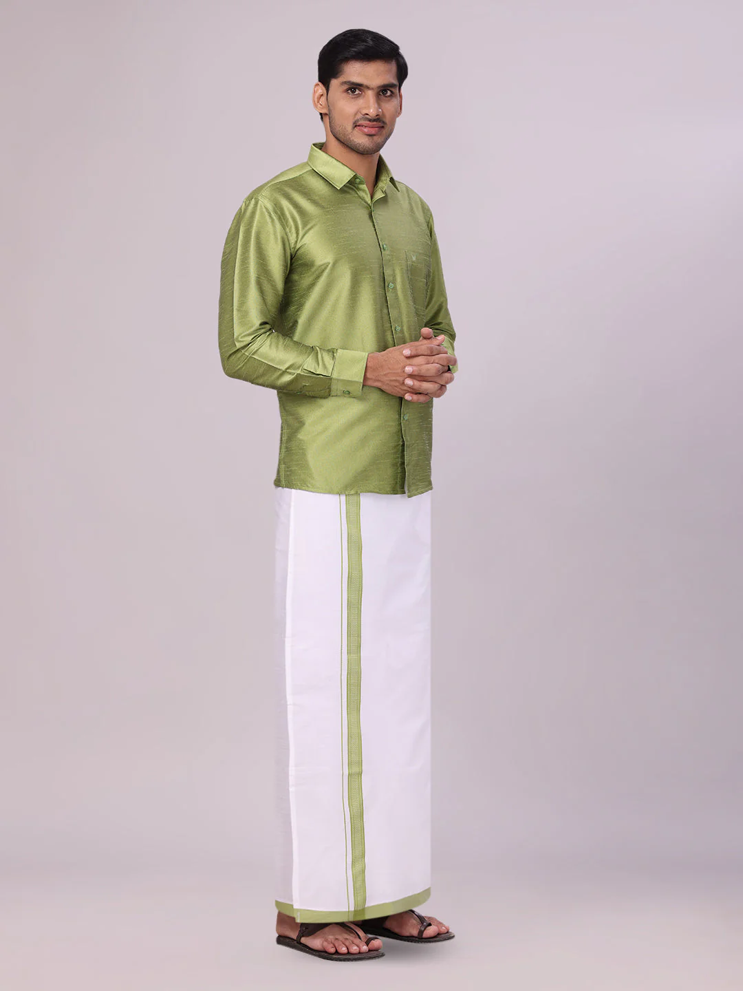 Mens Green Dupion Satin Shirt with Matching Border Dhoti Combo Gora - Image 3