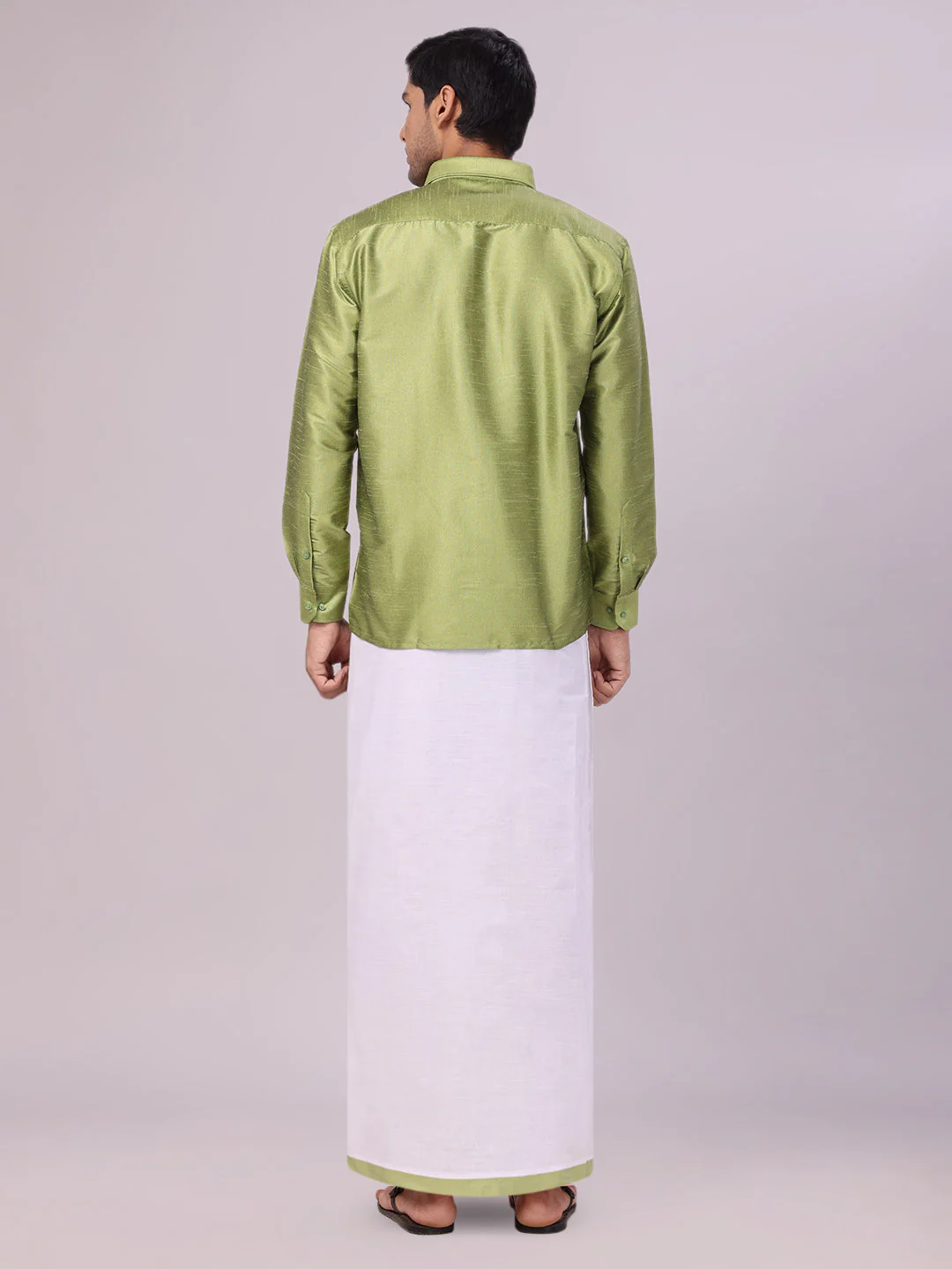 Mens Green Dupion Satin Shirt with Matching Border Dhoti Combo Gora - Image 4