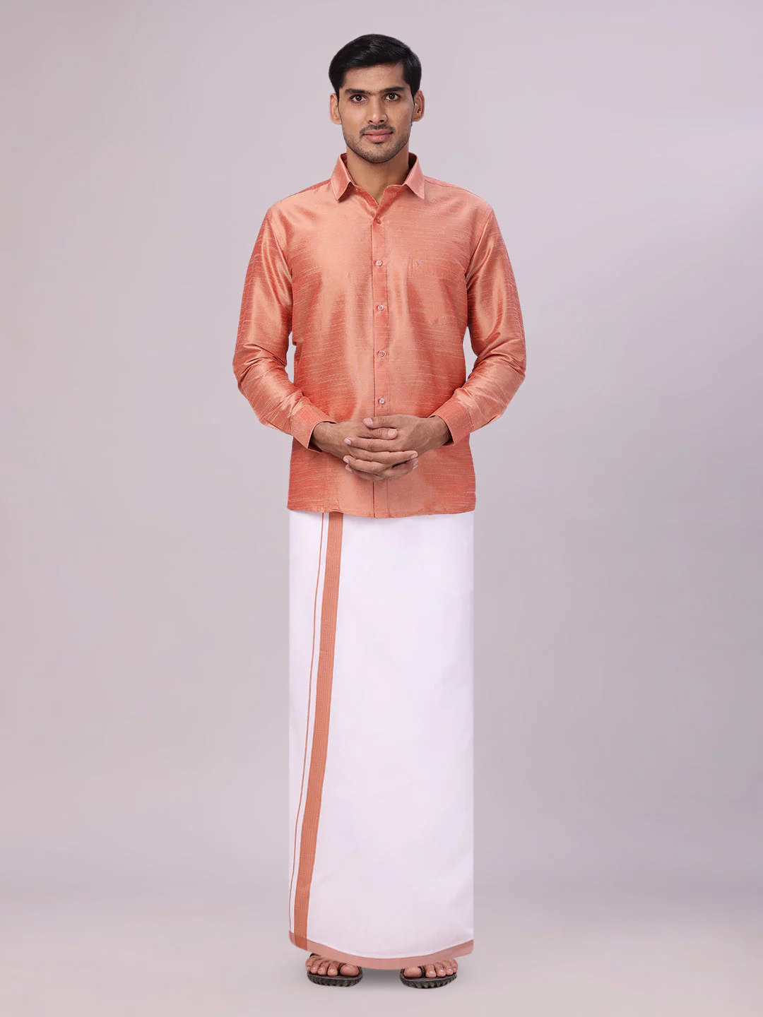 Mens Light Brown Dupion Satin Shirt with Matching Border Flexi Dhoti Combo Gora Flexi