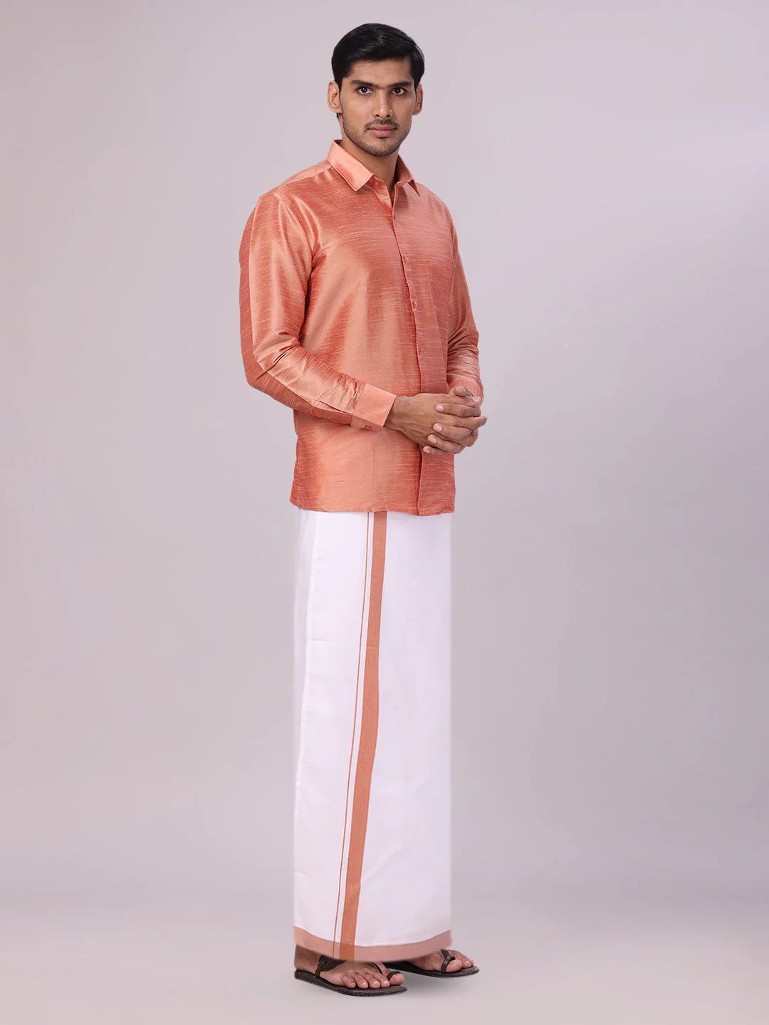 Mens Light Brown Dupion Satin Shirt with Matching Border Flexi Dhoti Combo Gora Flexi - Image 3