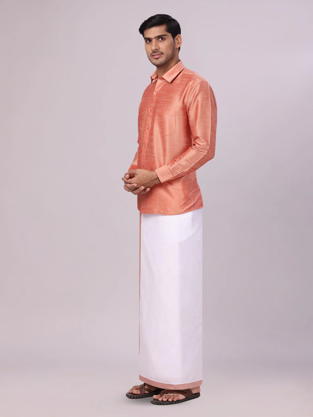 Mens Light Brown Dupion Satin Shirt with Matching Border Flexi Dhoti Combo Gora Flexi - Image 4