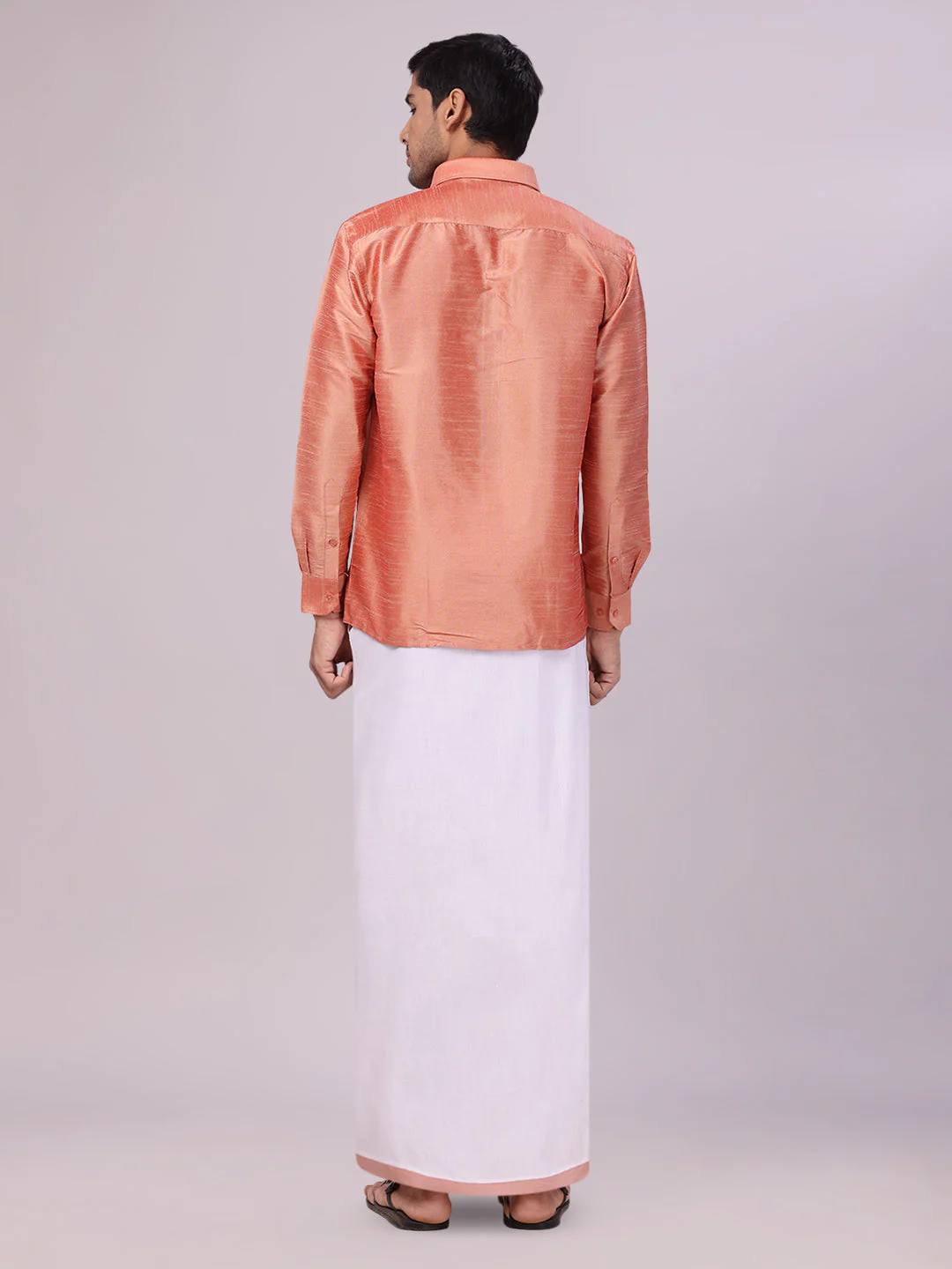 Mens Light Brown Dupion Satin Shirt with Matching Border Flexi Dhoti Combo Gora Flexi - Image 6