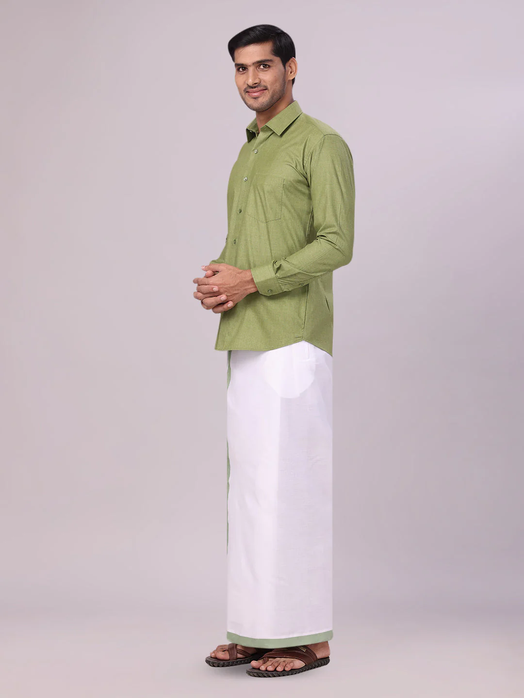 Mens Light Green Color Shirt with Matching Border Dhoti Combo Casper - Image 2