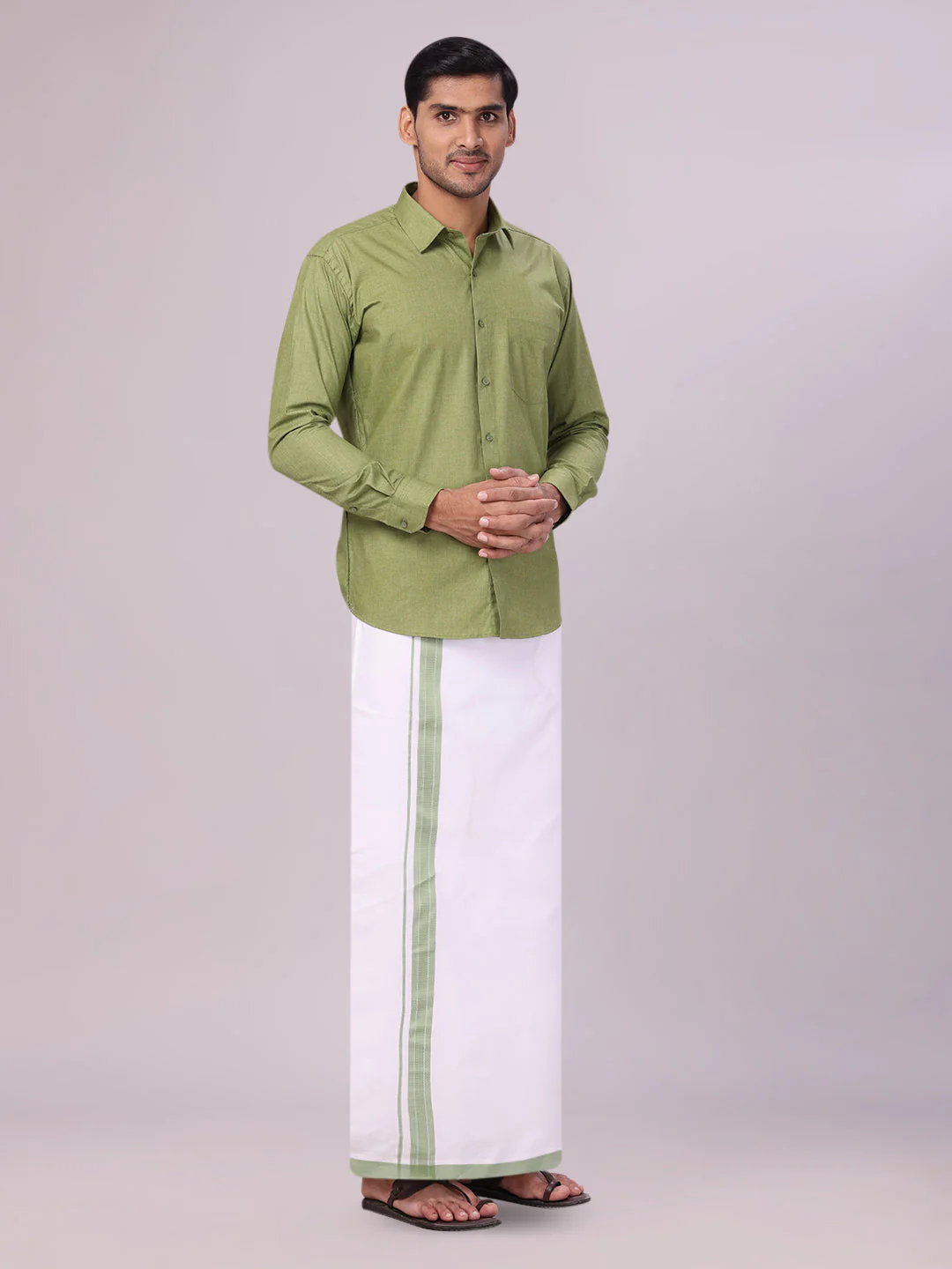 Mens Light Green Color Shirt with Matching Border Dhoti Combo Casper - Image 3