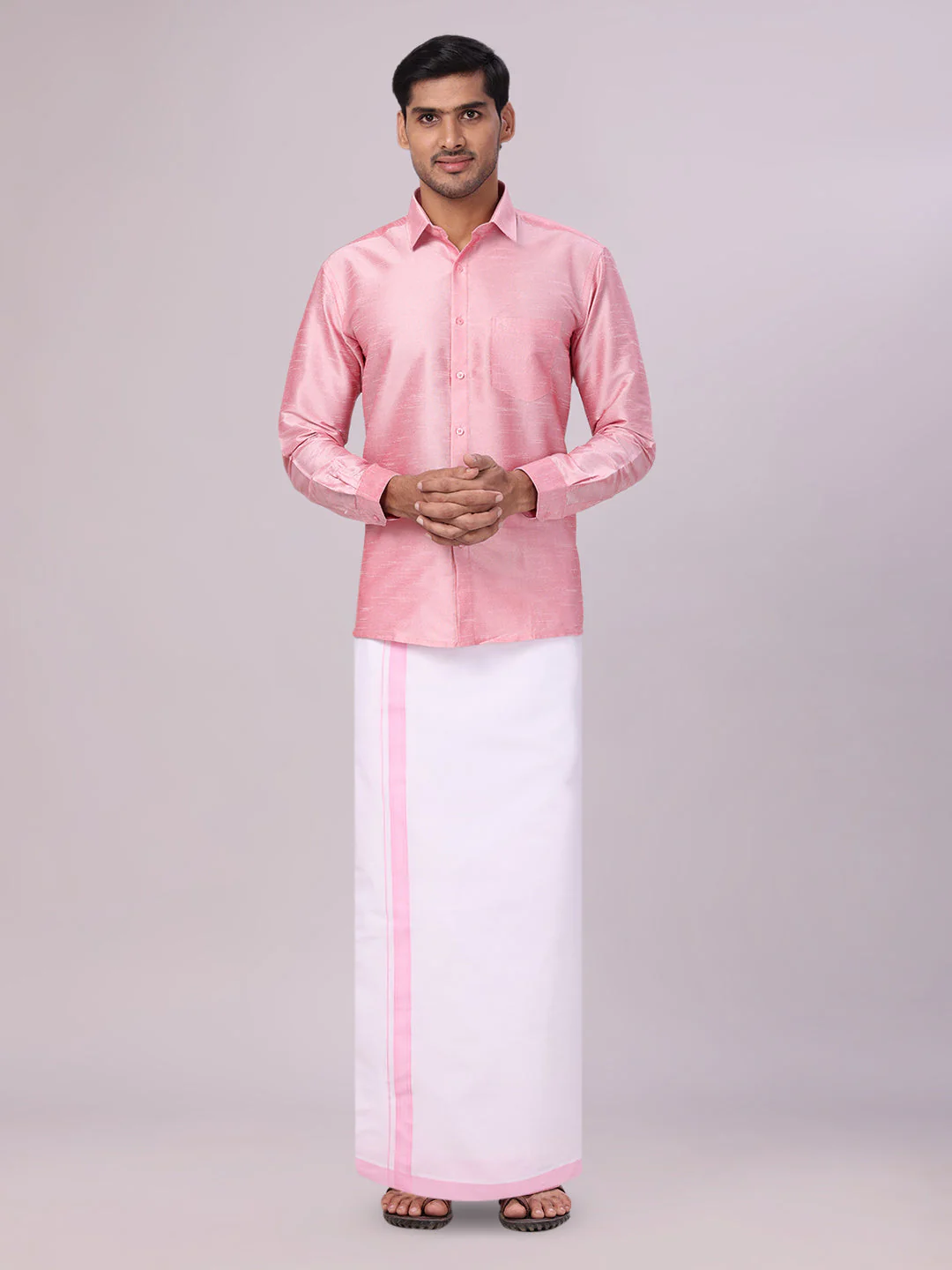 Mens Light Pink Dupion Satin Shirt with Matching Border Flexi Dhoti Combo Gora Flexi