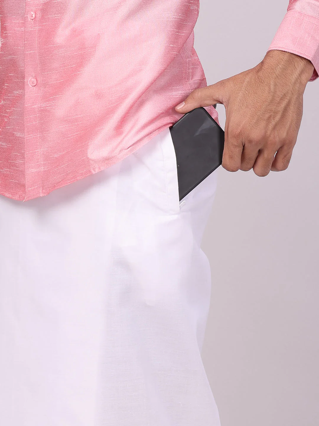 Mens Light Pink Dupion Satin Shirt with Matching Border Flexi Dhoti Combo Gora Flexi - Image 2