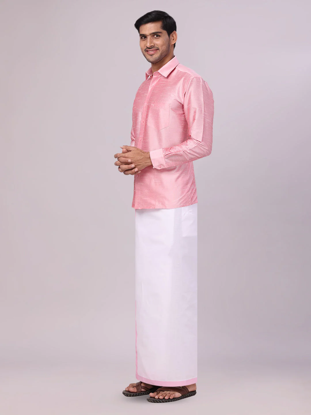 Mens Light Pink Dupion Satin Shirt with Matching Border Flexi Dhoti Combo Gora Flexi - Image 3