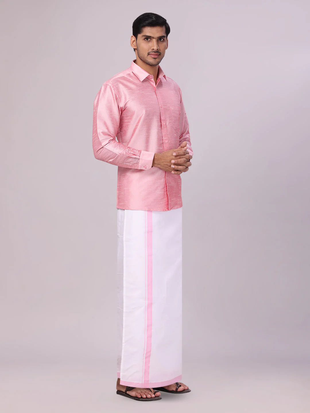 Mens Light Pink Dupion Satin Shirt with Matching Border Flexi Dhoti Combo Gora Flexi - Image 4