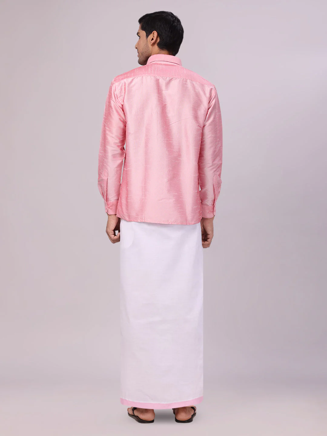 Mens Light Pink Dupion Satin Shirt with Matching Border Flexi Dhoti Combo Gora Flexi - Image 5