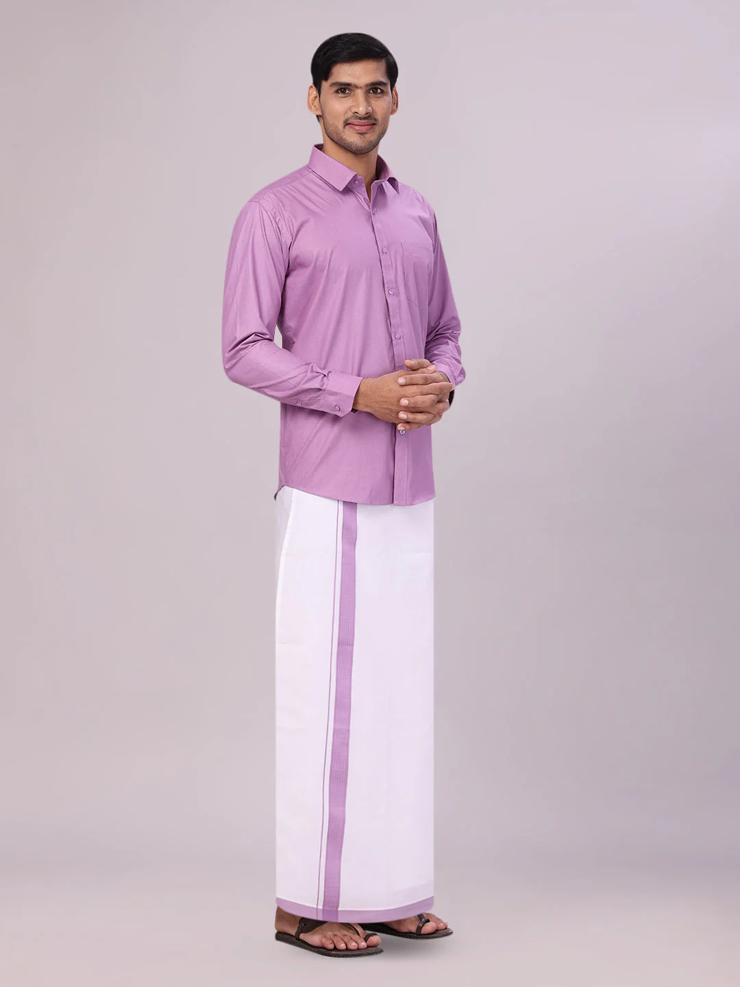 Mens Light Purple Color Shirt with Matching Border Dhoti Combo Casper - Image 3