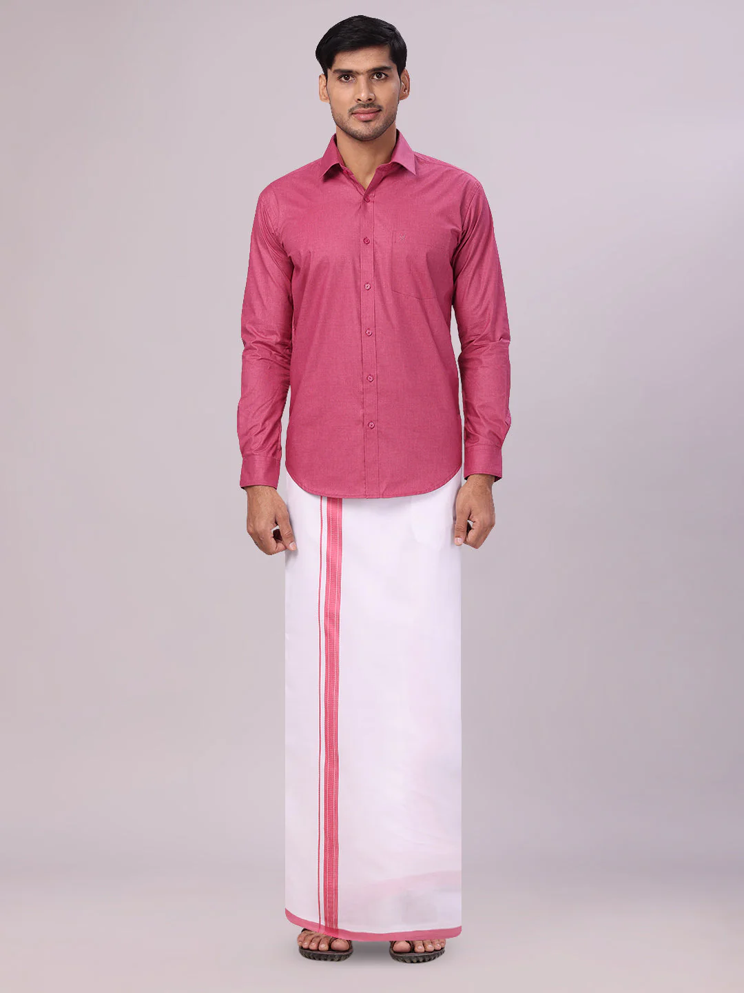 Mens Pink Shirt with Matching Border Flexi Dhoti Combo Casper Flexi