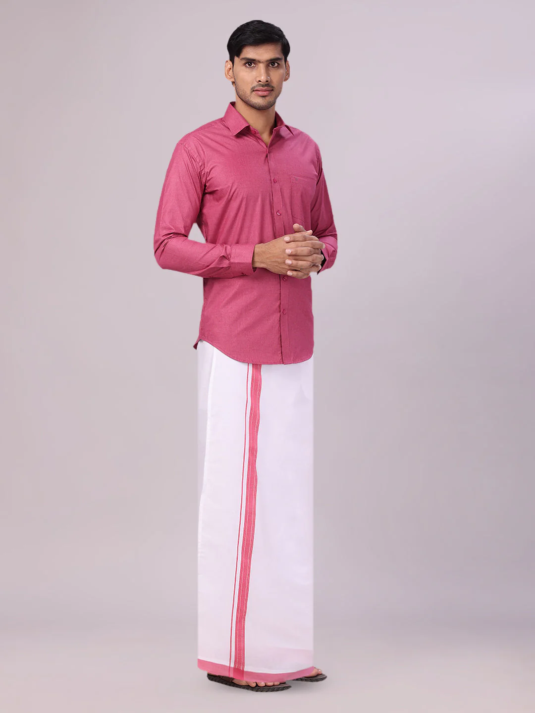 Mens Pink Shirt with Matching Border Flexi Dhoti Combo Casper Flexi - Image 3