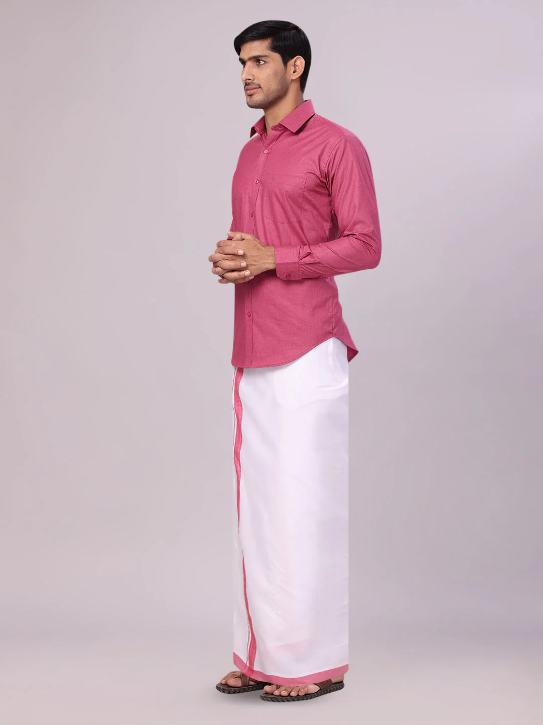 Mens Pink Shirt with Matching Border Flexi Dhoti Combo Casper Flexi - Image 4